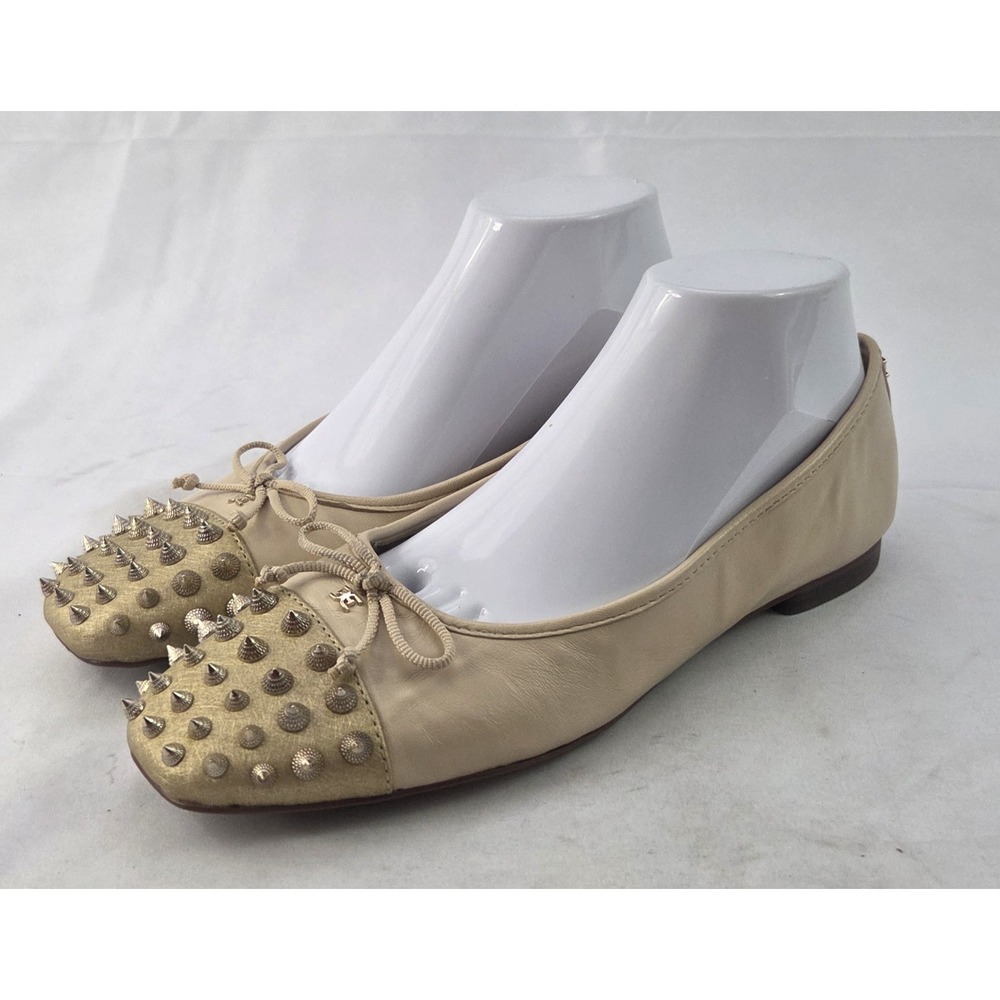 Sam Edelman Ballet Flats Womens 9 Beige Leather Studded Cap Toe Bow Slip On
